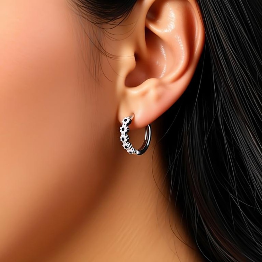 Women's Vintage Copper Hoop Earrings with Daisy and Black Stone Flower